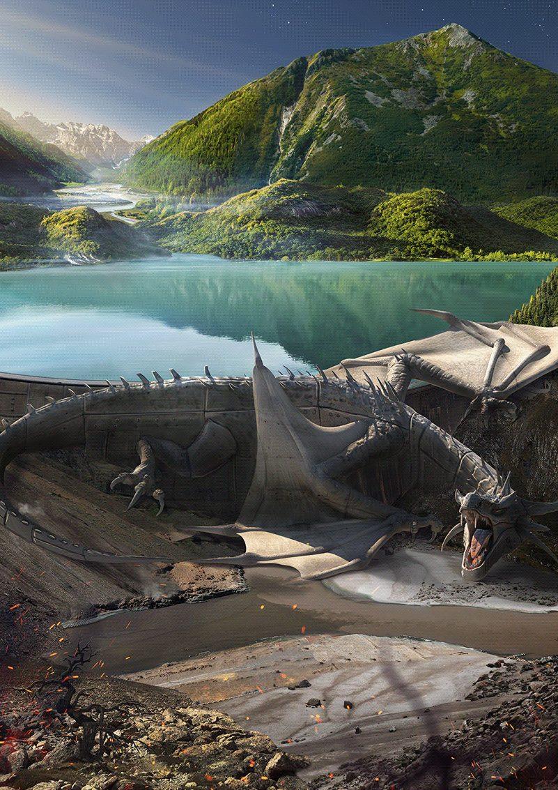 Print ad: a dragon lies across a dam, draining a mountain lake into cracked, burning earth