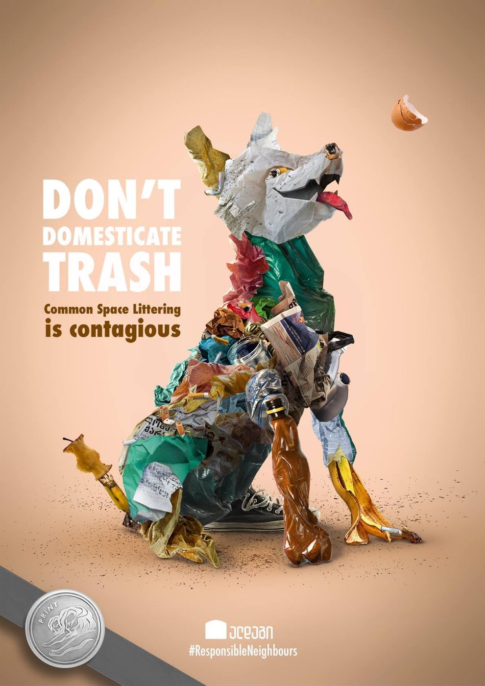 Print ad: a dog made of litter under the line Don’t domesticate trash, common space littering is contagious