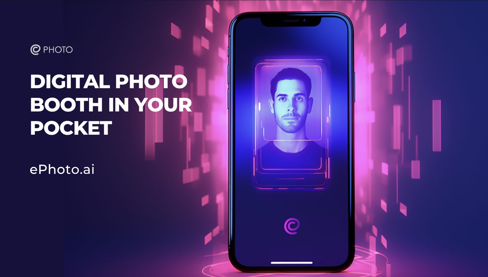 ePhoto.AI promo: a phone showing a portrait framed as an ID photo, with the line Digital photo booth in your pocket