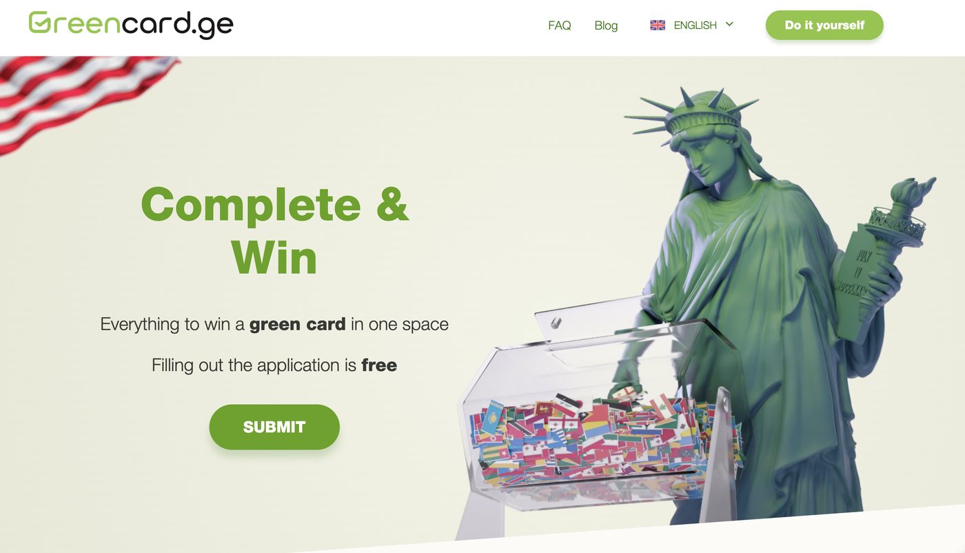 greencard.ge home page: “Complete & Win” headline, a Submit button, and the Statue of Liberty drawing a flag from a lottery box