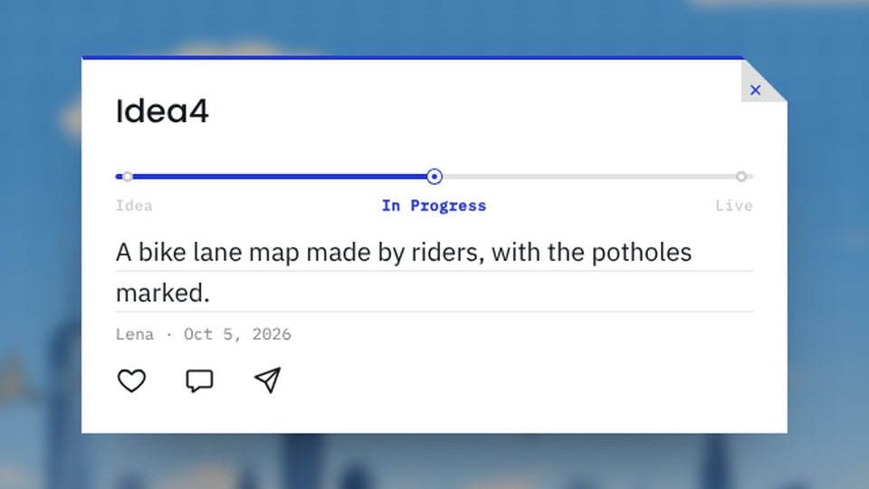 An opened idea card: Idea4, a stage track at In Progress between Idea and Live, the idea text, its author and date, and like, comment and share buttons