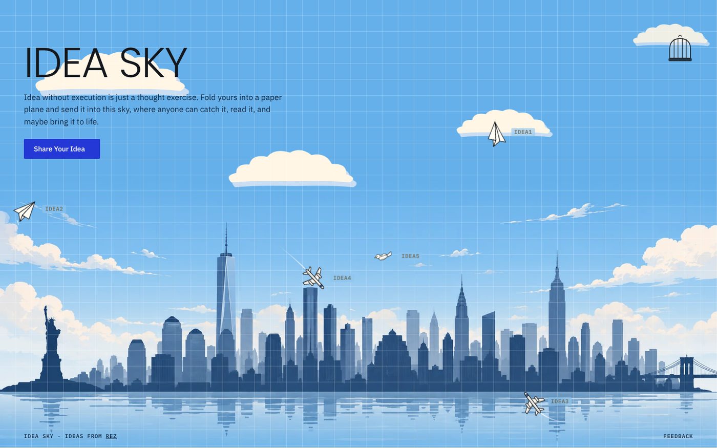 IDEA SKY home page: paper planes, airplanes and a bird labelled Idea1 to Idea5 flying over an illustrated New York skyline, with a Share Your Idea button